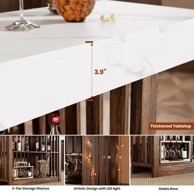 Table de bar longue de 63 pouces, table de pub à hauteur de comptoir avec 2 étagères de rangement, unité de bar de petit-déjeuner moderne pour salon, salle à manger, bistrot
