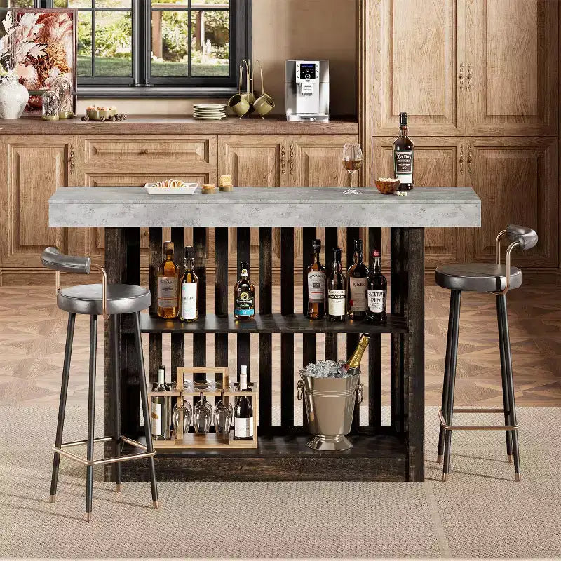 Table de bar longue de 63 pouces, table de pub à hauteur de comptoir avec 2 étagères de rangement, unité de bar de petit-déjeuner moderne pour salon, salle à manger, bistrot