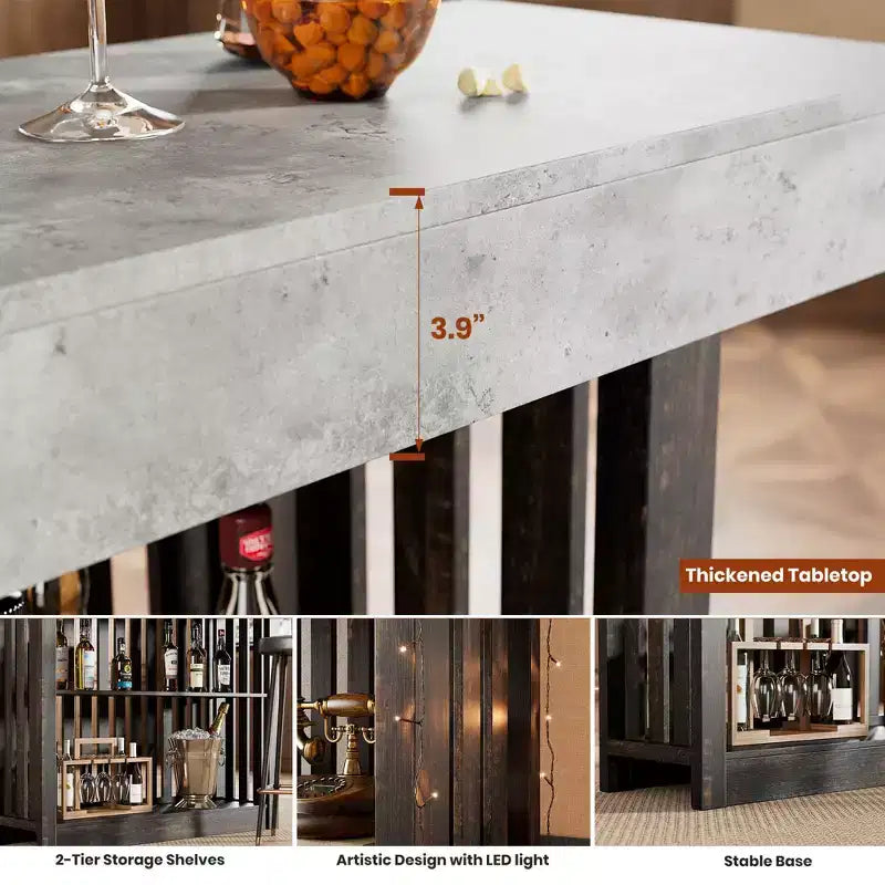 Table de bar longue de 63 pouces, table de pub à hauteur de comptoir avec 2 étagères de rangement, unité de bar de petit-déjeuner moderne pour salon, salle à manger, bistrot