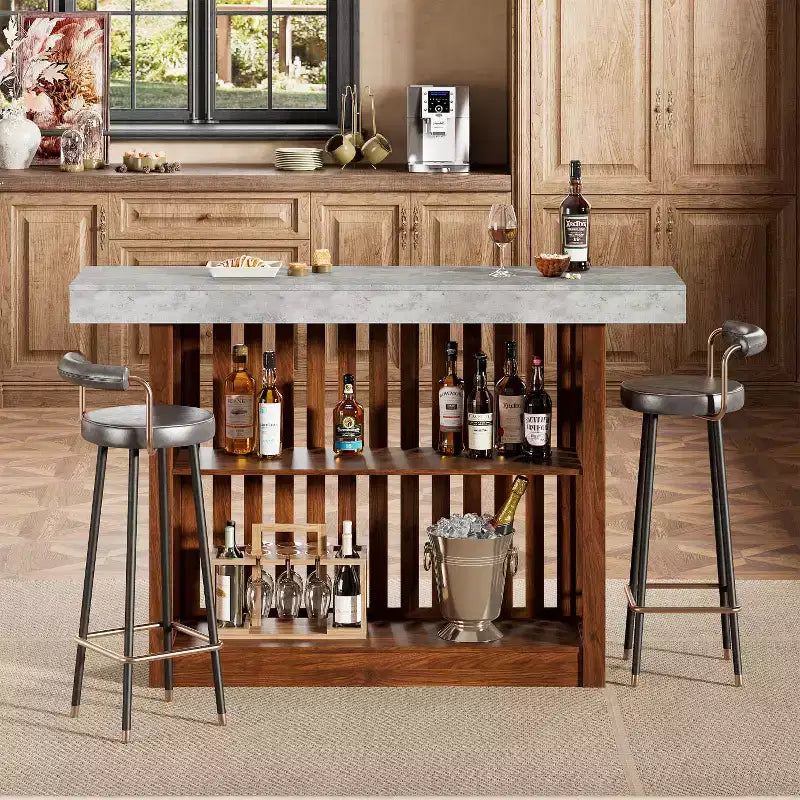 Table de bar longue de 63 pouces, table de pub à hauteur de comptoir avec 2 étagères de rangement, unité de bar de petit-déjeuner moderne pour salon, salle à manger, bistrot