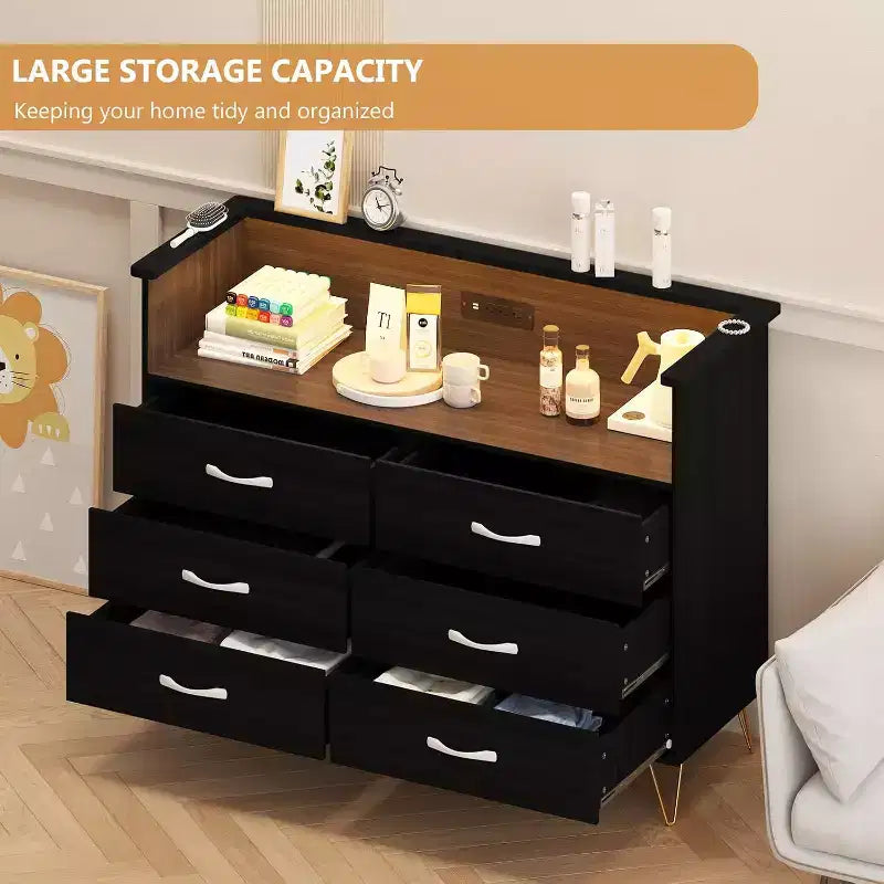 Commode à 6 tiroirs avec bordure surélevée, noire, MDF+PB+Fer, lumières LED et prises, pour chambre à coucher et bureau à domicile