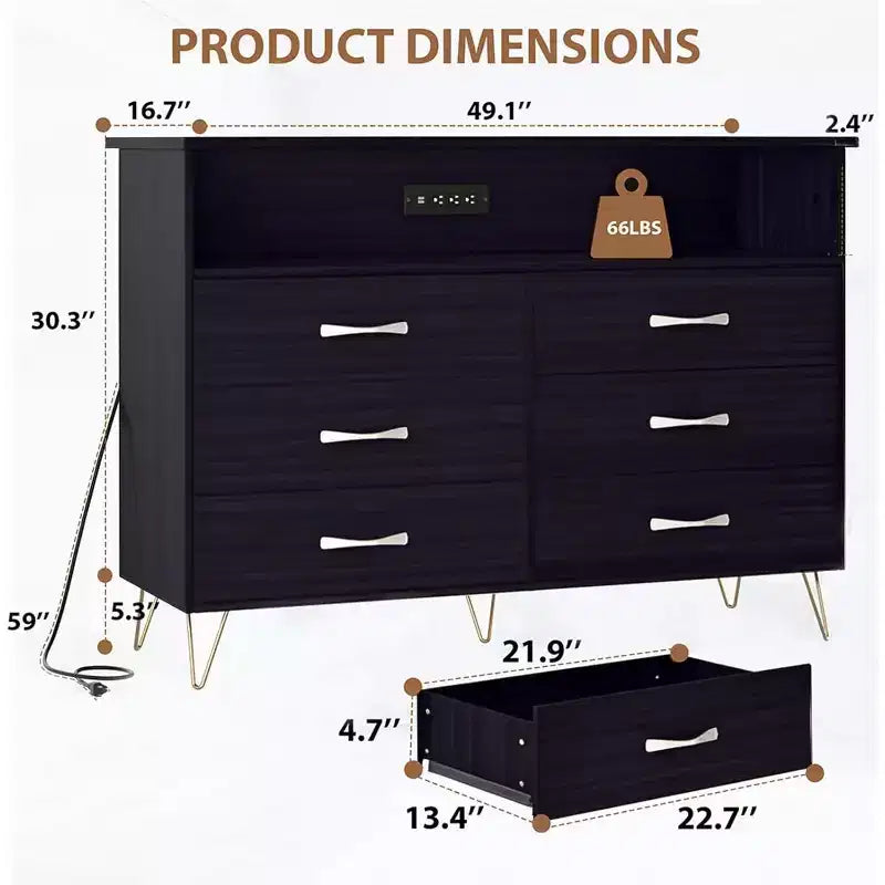 Commode à 6 tiroirs avec bordure surélevée, noire, MDF+PB+Fer, lumières LED et prises, pour chambre à coucher et bureau à domicile