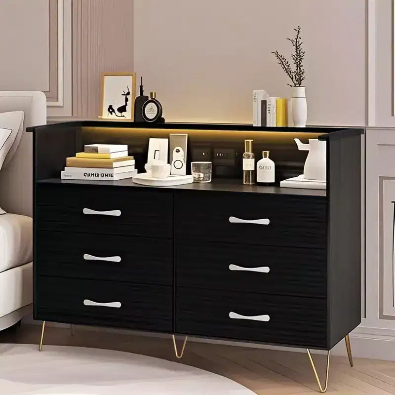 Commode à 6 tiroirs avec bordure surélevée, noire, MDF+PB+Fer, lumières LED et prises, pour chambre à coucher et bureau à domicile