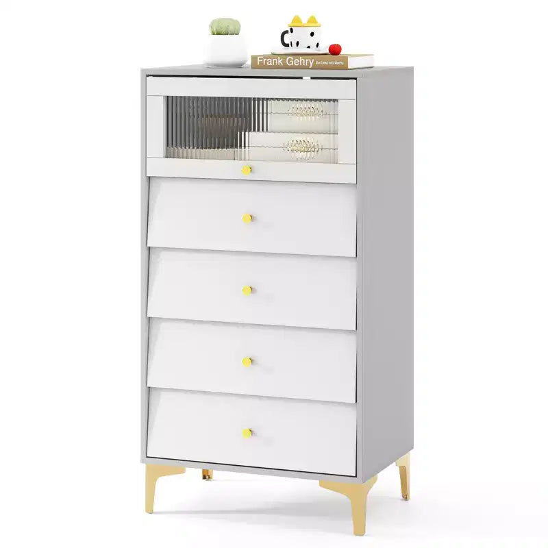Commode 4 tiroirs Costway 113 cm de haut avec porte en verre cannelé relevable