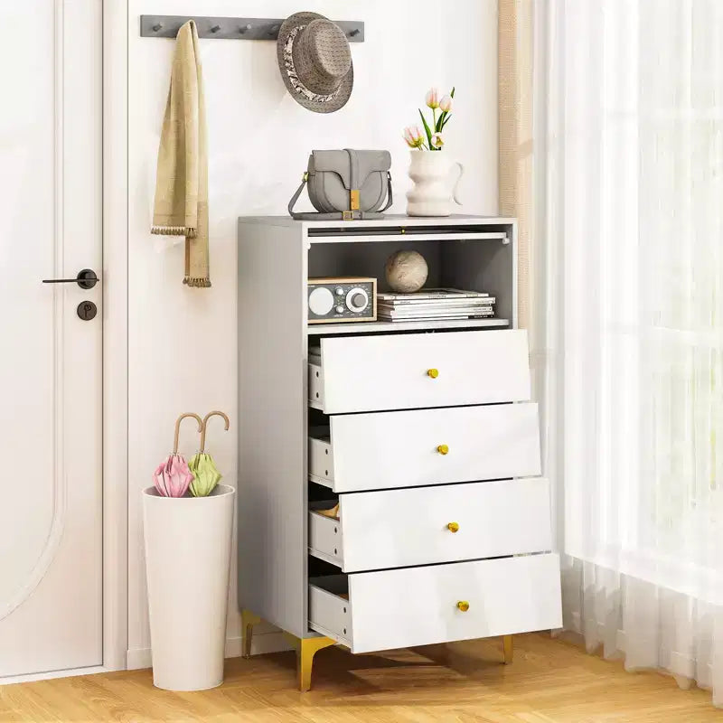 Commode 4 tiroirs Costway 113 cm de haut avec porte en verre cannelé relevable