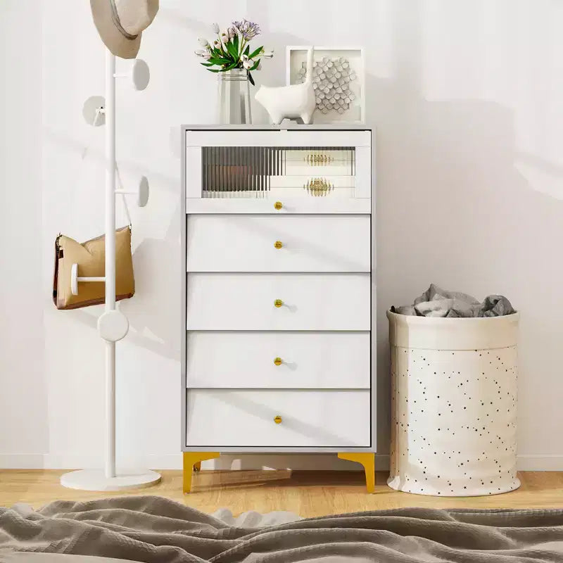 Commode 4 tiroirs Costway 113 cm de haut avec porte en verre cannelé relevable