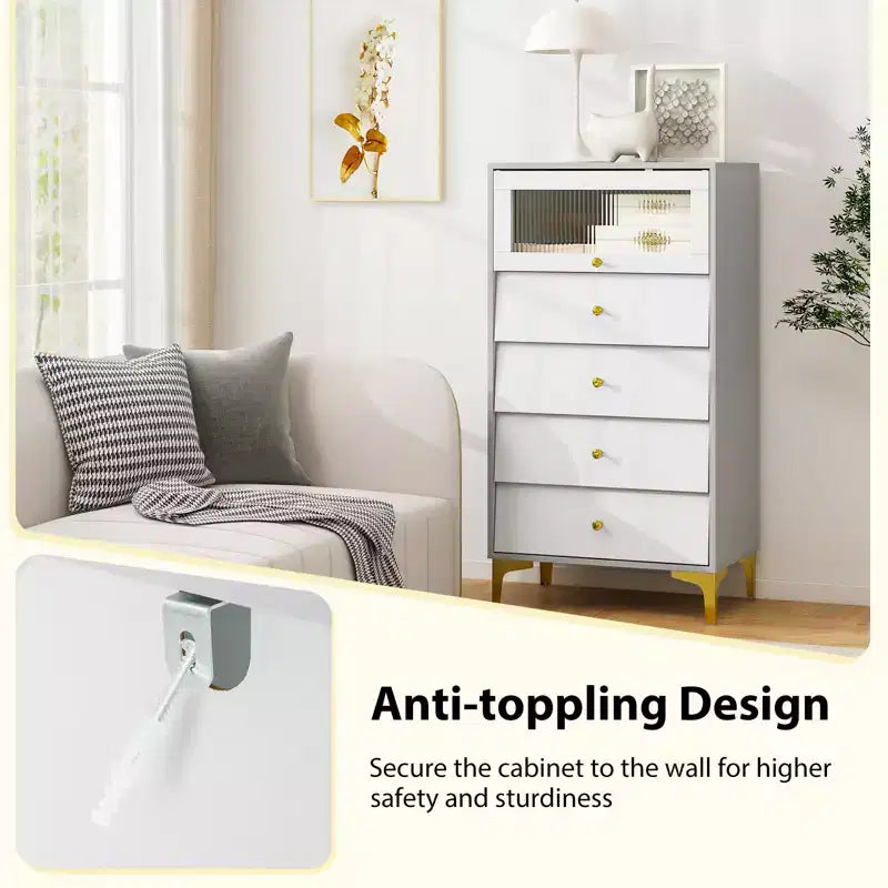 Commode 4 tiroirs Costway 113 cm de haut avec porte en verre cannelé relevable