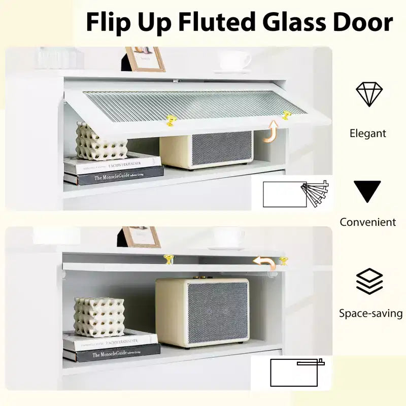 Commode 4 tiroirs Costway 113 cm de haut avec porte en verre cannelé relevable