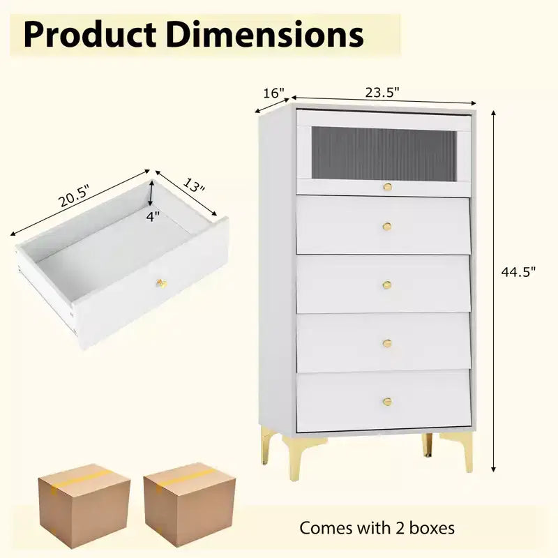Commode 4 tiroirs Costway 113 cm de haut avec porte en verre cannelé relevable
