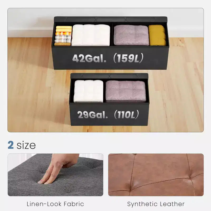 Banc ottoman capitonné en cuir synthétique moderne Okak avec rangement pliant, banc de rangement rembourré pour salon, chambre à coucher