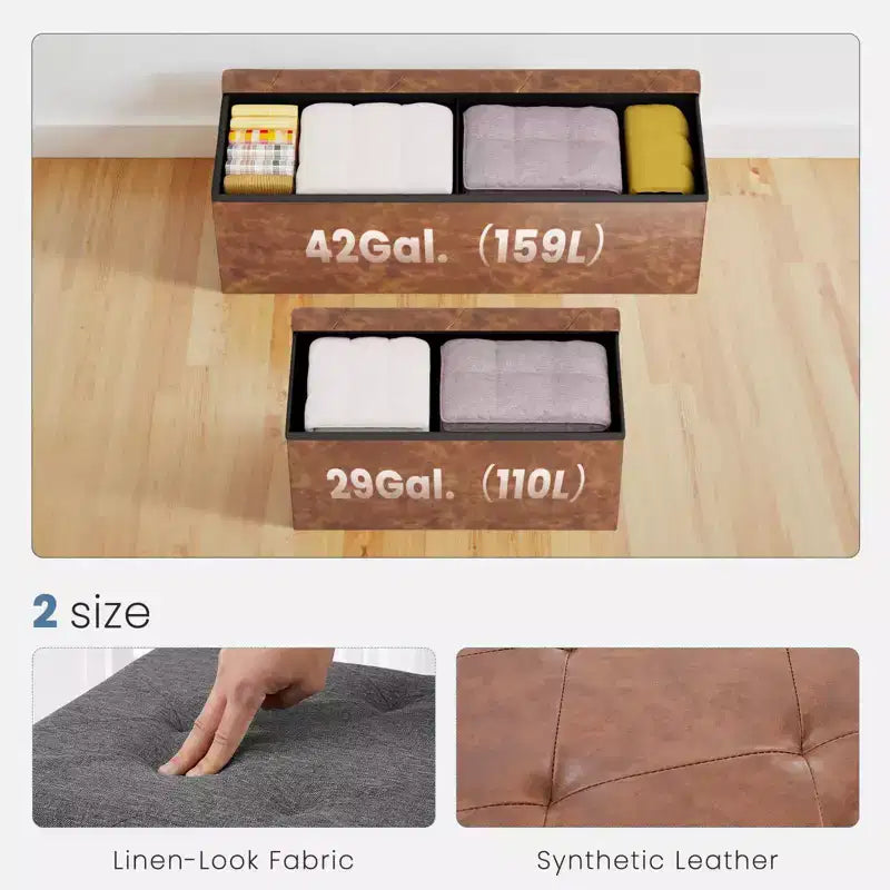 Banc ottoman capitonné en cuir synthétique moderne Okak avec rangement pliant, banc de rangement rembourré pour salon, chambre à coucher