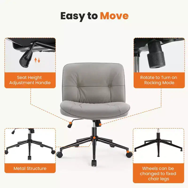 Chaise de bureau sans accoudoirs TUYOHW, chaise pivotante à siège large avec pieds croisés, réglable en hauteur, chaise d'appoint moderne en cuir PU pour bureau à domicile