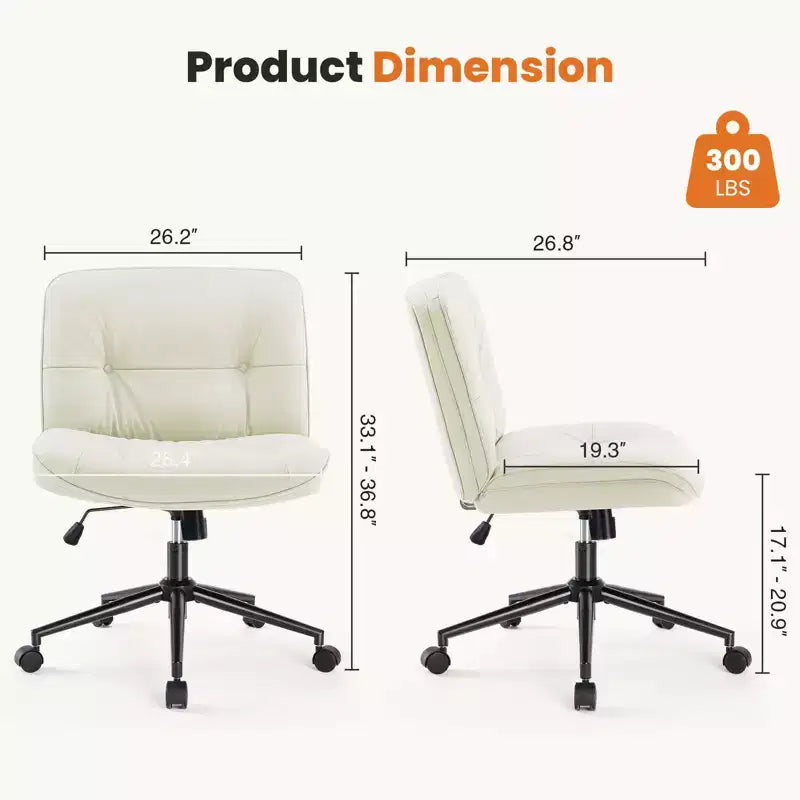 Chaise de bureau sans accoudoirs TUYOHW, chaise pivotante à siège large avec pieds croisés, réglable en hauteur, chaise d'appoint moderne en cuir PU pour bureau à domicile