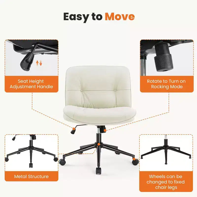 Chaise de bureau sans accoudoirs TUYOHW, chaise pivotante à siège large avec pieds croisés, réglable en hauteur, chaise d'appoint moderne en cuir PU pour bureau à domicile