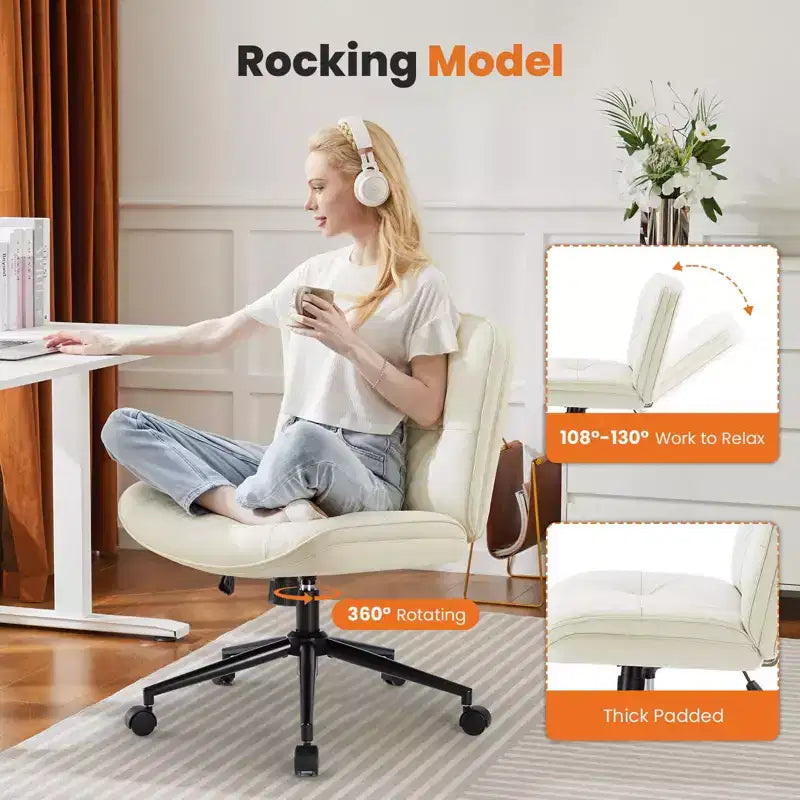 Chaise de bureau sans accoudoirs TUYOHW, chaise pivotante à siège large avec pieds croisés, réglable en hauteur, chaise d'appoint moderne en cuir PU pour bureau à domicile