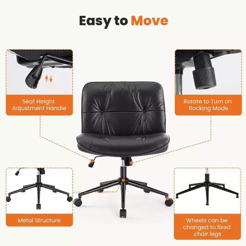 Chaise de bureau sans accoudoirs TUYOHW, chaise pivotante à siège large avec pieds croisés, réglable en hauteur, chaise d'appoint moderne en cuir PU pour bureau à domicile