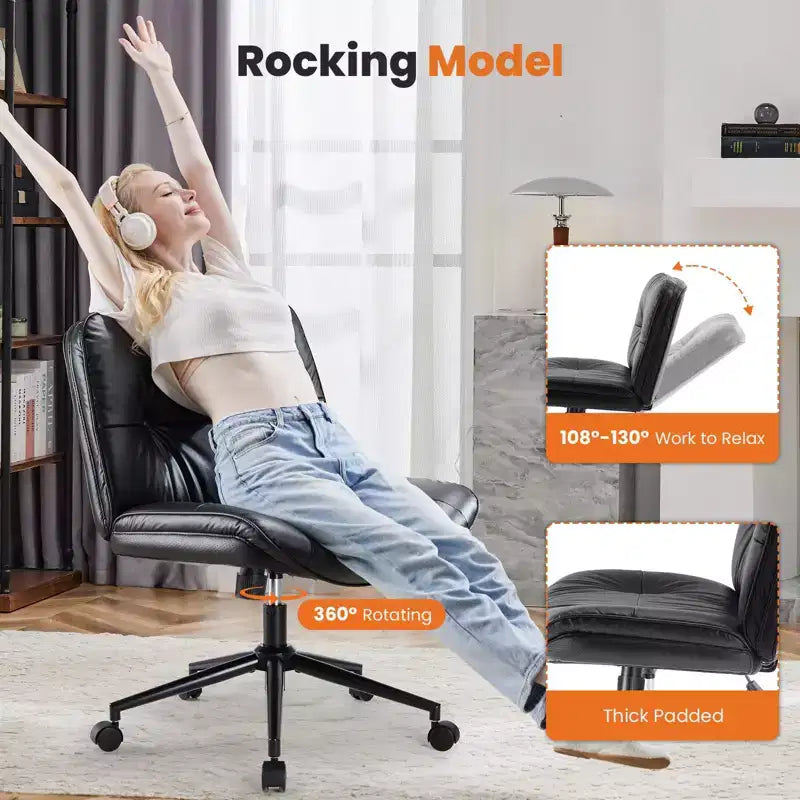 Chaise de bureau sans accoudoirs TUYOHW, chaise pivotante à siège large avec pieds croisés, réglable en hauteur, chaise d'appoint moderne en cuir PU pour bureau à domicile