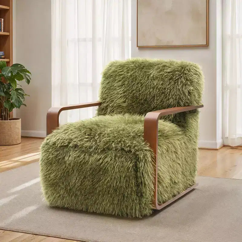Fauteuil d'appoint en fausse fourrure TUYOHW de 72 cm de large, fauteuil de salon rembourré avec accoudoirs incurvés en bois, ressorts ensachés, fauteuil pour salon, chambre à coucher