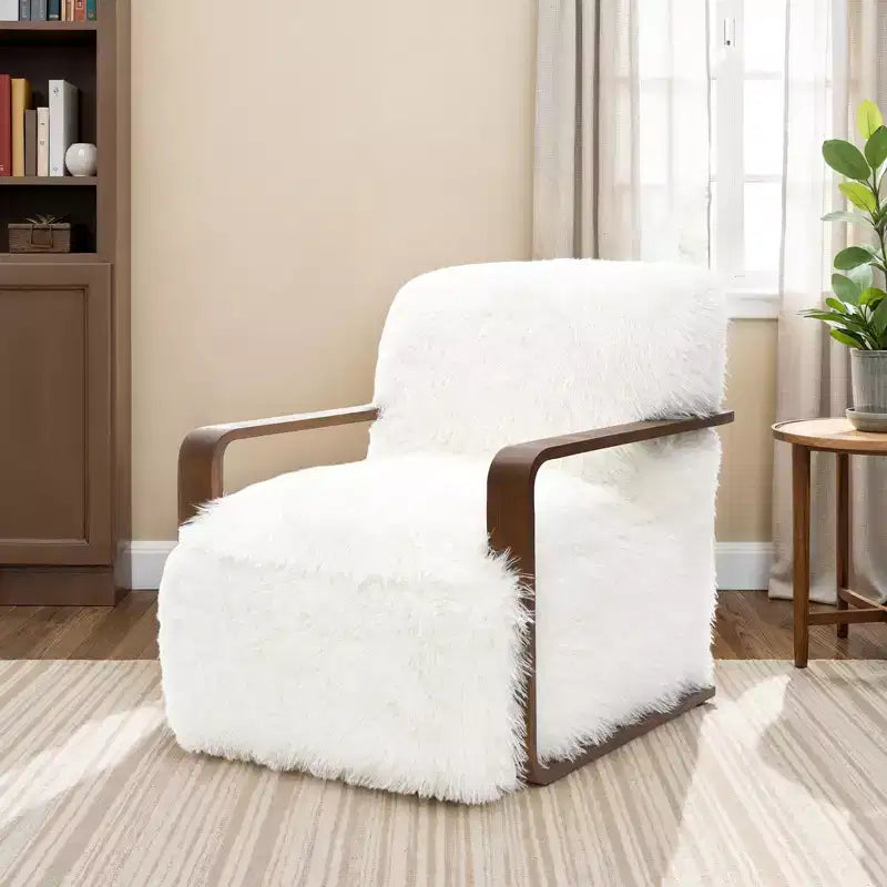 Fauteuil d'appoint en fausse fourrure TUYOHW de 72 cm de large, fauteuil de salon rembourré avec accoudoirs incurvés en bois, ressorts ensachés, fauteuil pour salon, chambre à coucher