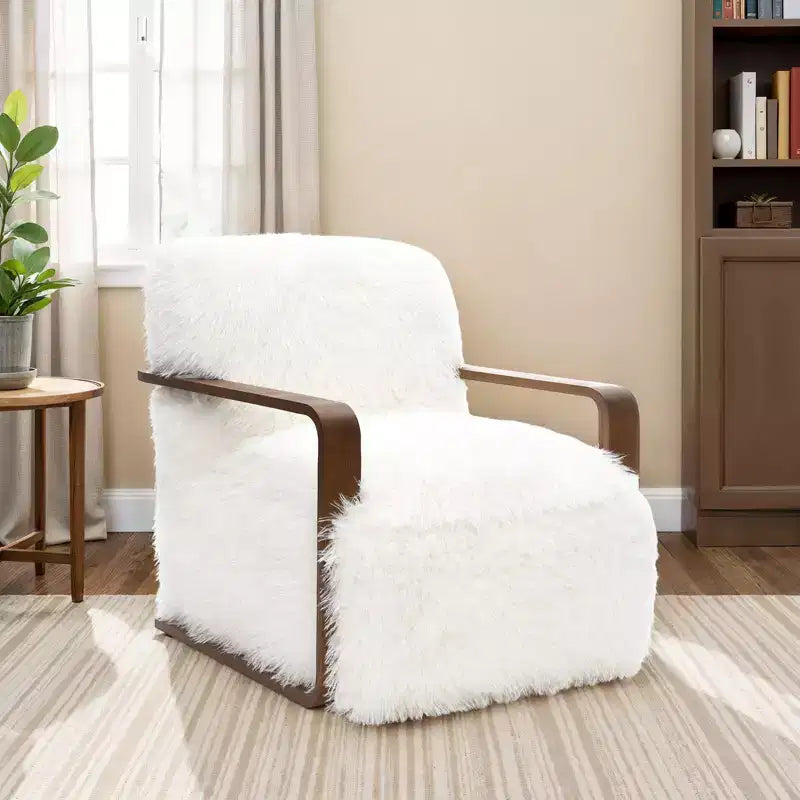 Fauteuil d'appoint en fausse fourrure TUYOHW de 72 cm de large, fauteuil de salon rembourré avec accoudoirs incurvés en bois, ressorts ensachés, fauteuil pour salon, chambre à coucher