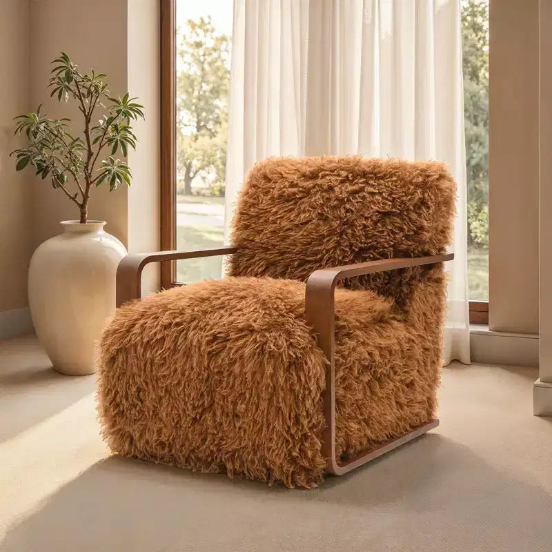Fauteuil d'appoint en fausse fourrure TUYOHW de 72 cm de large, fauteuil de salon rembourré avec accoudoirs incurvés en bois, ressorts ensachés, fauteuil pour salon, chambre à coucher