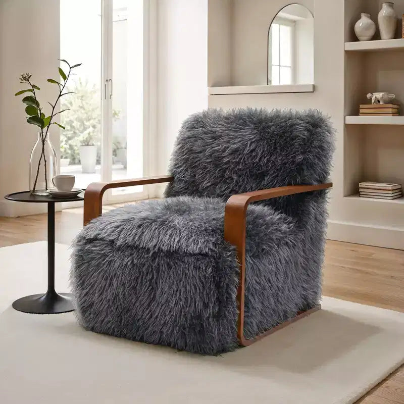 Fauteuil d'appoint en fausse fourrure TUYOHW de 72 cm de large, fauteuil de salon rembourré avec accoudoirs incurvés en bois, ressorts ensachés, fauteuil pour salon, chambre à coucher