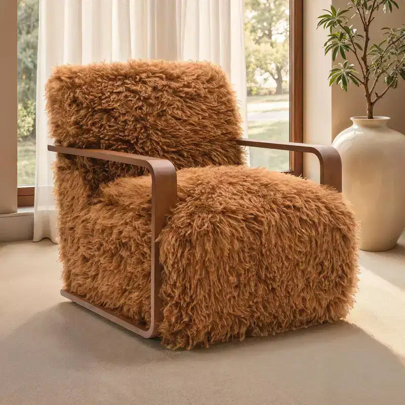 Fauteuil d'appoint en fausse fourrure TUYOHW de 72 cm de large, fauteuil de salon rembourré avec accoudoirs incurvés en bois, ressorts ensachés, fauteuil pour salon, chambre à coucher