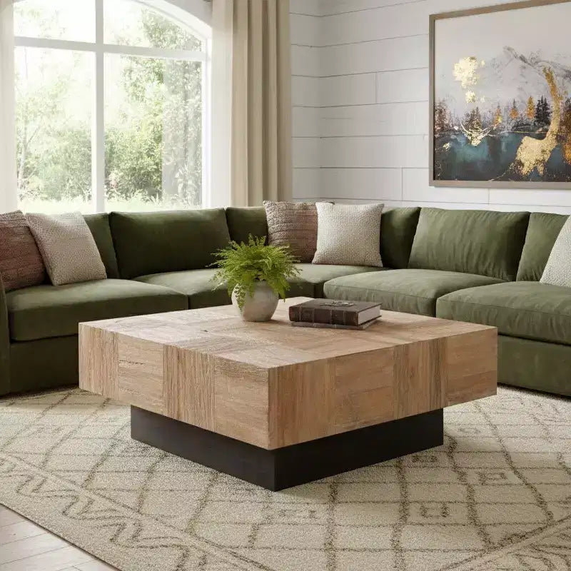 Table basse bloc carré en bois massif marron et noir 40 po