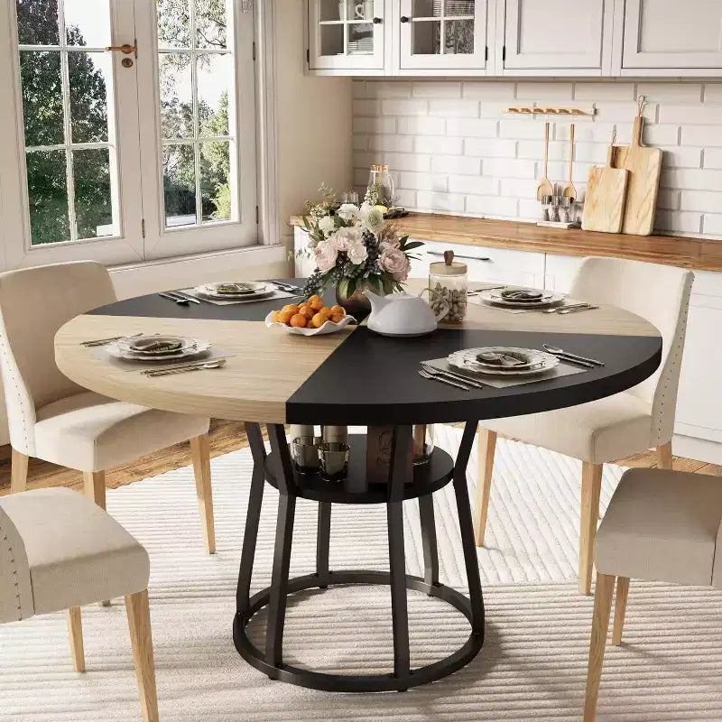 Table à manger ronde pour 4-6 personnes, table de cuisine de ferme de 107 cm avec rangement, tables à dîner circulaires pour cuisine, salle à manger, salon, appartement