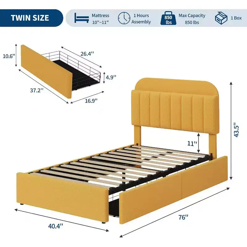 Cadre de lit plateforme, Cadre de lit enfant avec tête de lit de rangement, 2 tiroirs roulants, Cadre de lit silencieux, Pas besoin de sommier tapissier, Jaune