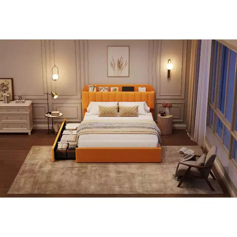 Cadre de lit plateforme, Cadre de lit enfant avec tête de lit de rangement, 2 tiroirs roulants, Cadre de lit silencieux, Pas besoin de sommier tapissier, Jaune