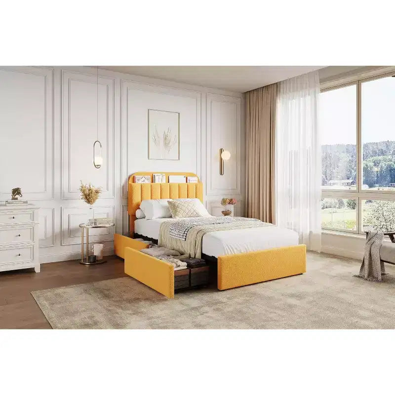 Cadre de lit plateforme, Cadre de lit enfant avec tête de lit de rangement, 2 tiroirs roulants, Cadre de lit silencieux, Pas besoin de sommier tapissier, Jaune