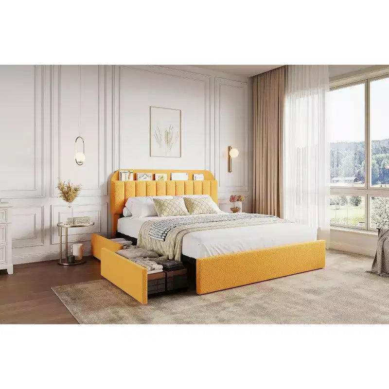 Cadre de lit plateforme, Cadre de lit enfant avec tête de lit de rangement, 2 tiroirs roulants, Cadre de lit silencieux, Pas besoin de sommier tapissier, Jaune