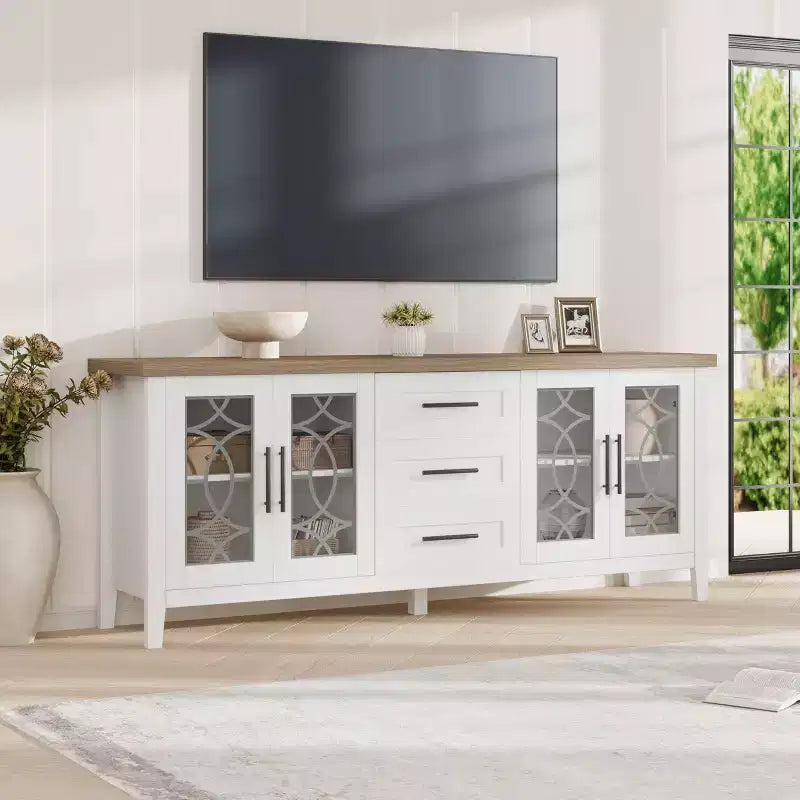 Meuble TV de ferme avec porte vitrée pour téléviseur de 70 pouces, meuble de divertissement moderne du milieu du siècle