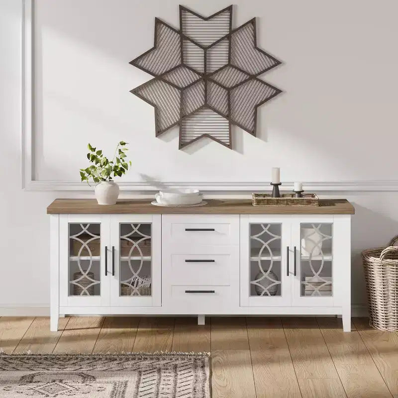 Meuble TV de ferme avec porte vitrée pour téléviseur de 70 pouces, meuble de divertissement moderne du milieu du siècle