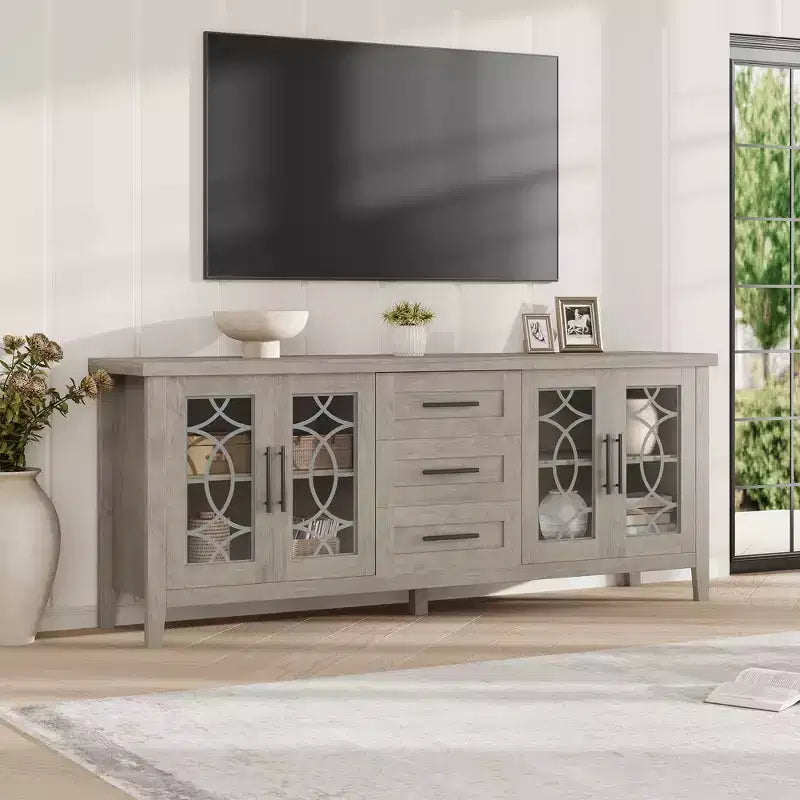 Meuble TV de ferme avec porte vitrée pour téléviseur de 70 pouces, meuble de divertissement moderne du milieu du siècle