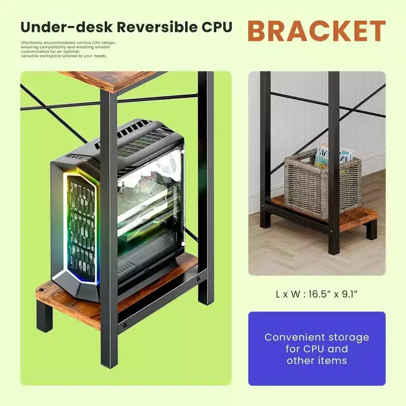 Bureau de jeu en L TUYOHW, bureau d'angle avec cadre métallique, support CPU et rangement latéral, plateau étanche pour bureau à domicile