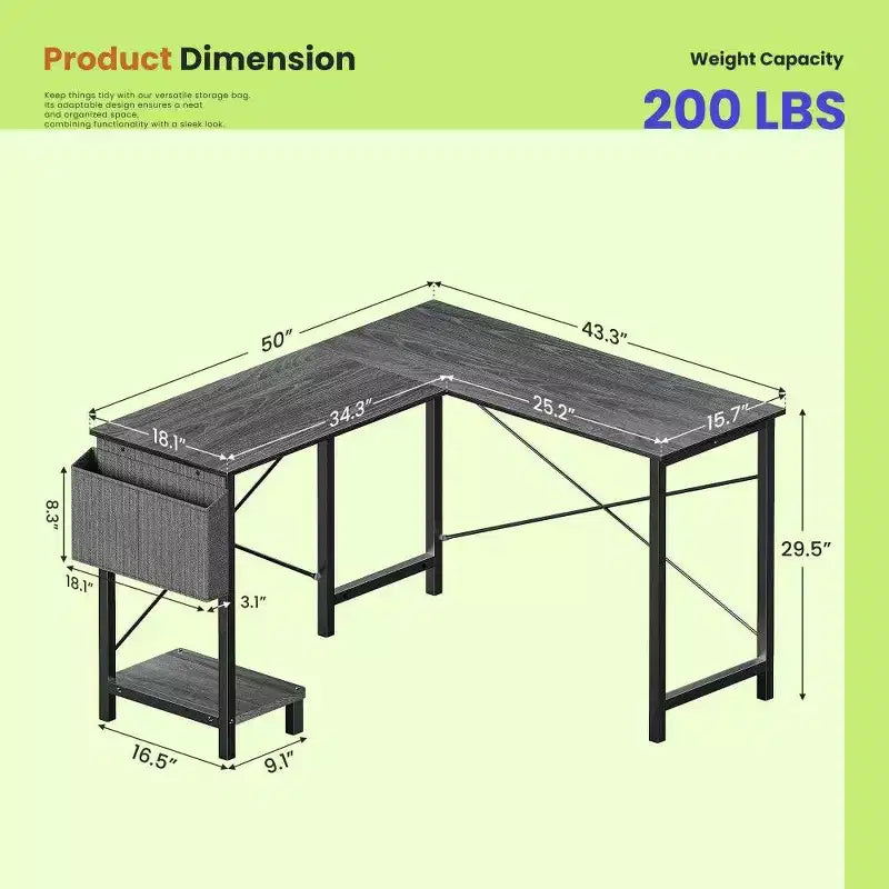 Bureau de jeu en L TUYOHW, bureau d'angle avec cadre métallique, support CPU et rangement latéral, plateau étanche pour bureau à domicile