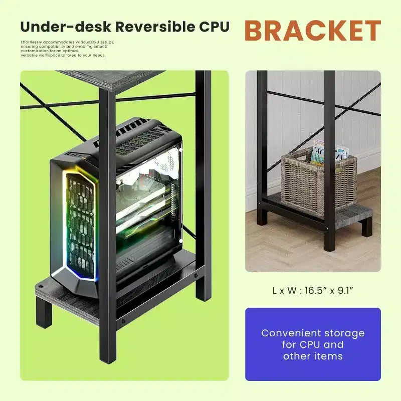 Bureau de jeu en L TUYOHW, bureau d'angle avec cadre métallique, support CPU et rangement latéral, plateau étanche pour bureau à domicile