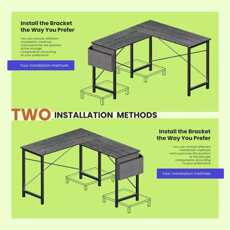 Bureau de jeu en L TUYOHW, bureau d'angle avec cadre métallique, support CPU et rangement latéral, plateau étanche pour bureau à domicile