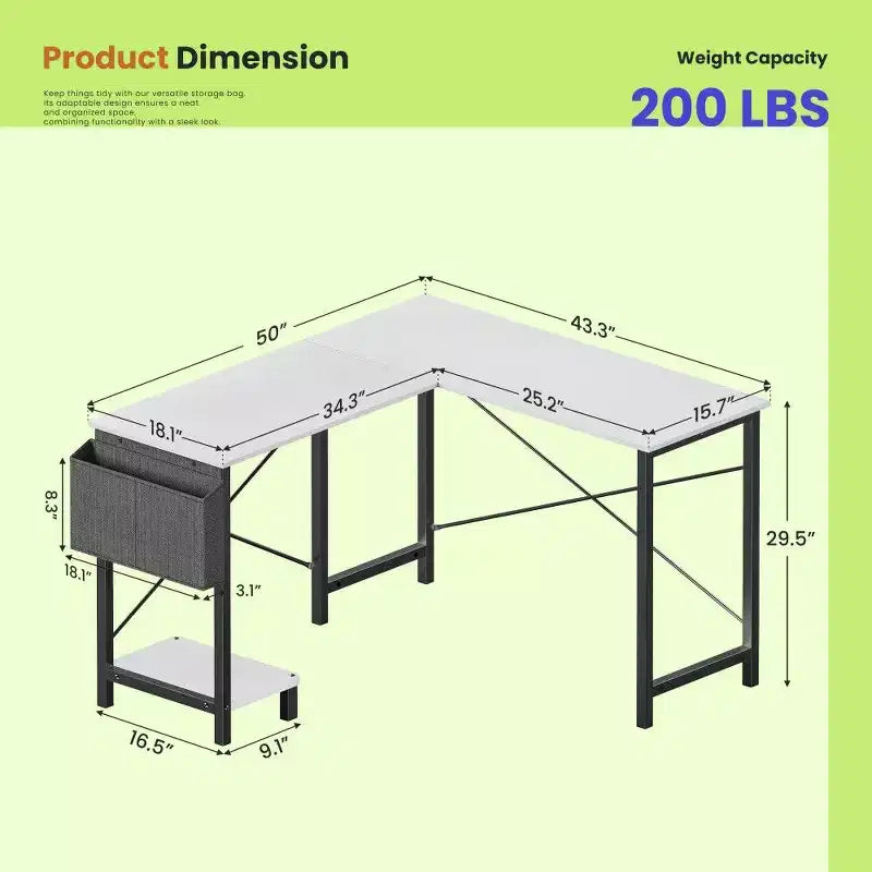 Bureau de jeu en L TUYOHW, bureau d'angle avec cadre métallique, support CPU et rangement latéral, plateau étanche pour bureau à domicile