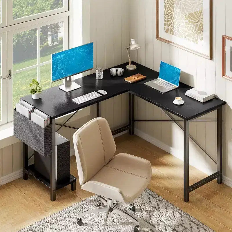 Bureau de jeu en L TUYOHW, bureau d'angle avec cadre métallique, support CPU et rangement latéral, plateau étanche pour bureau à domicile