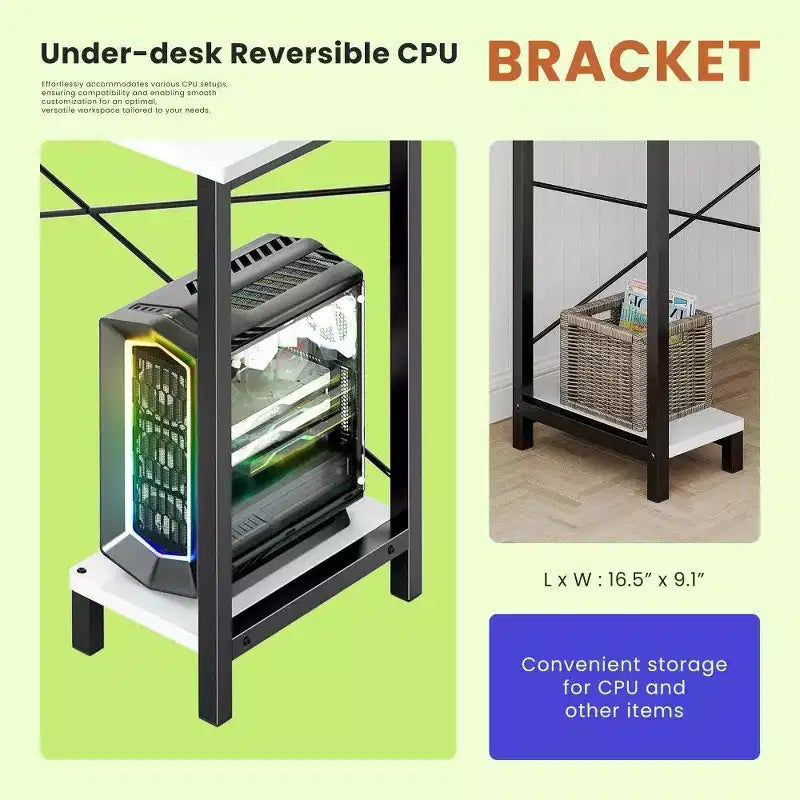 Bureau de jeu en L TUYOHW, bureau d'angle avec cadre métallique, support CPU et rangement latéral, plateau étanche pour bureau à domicile