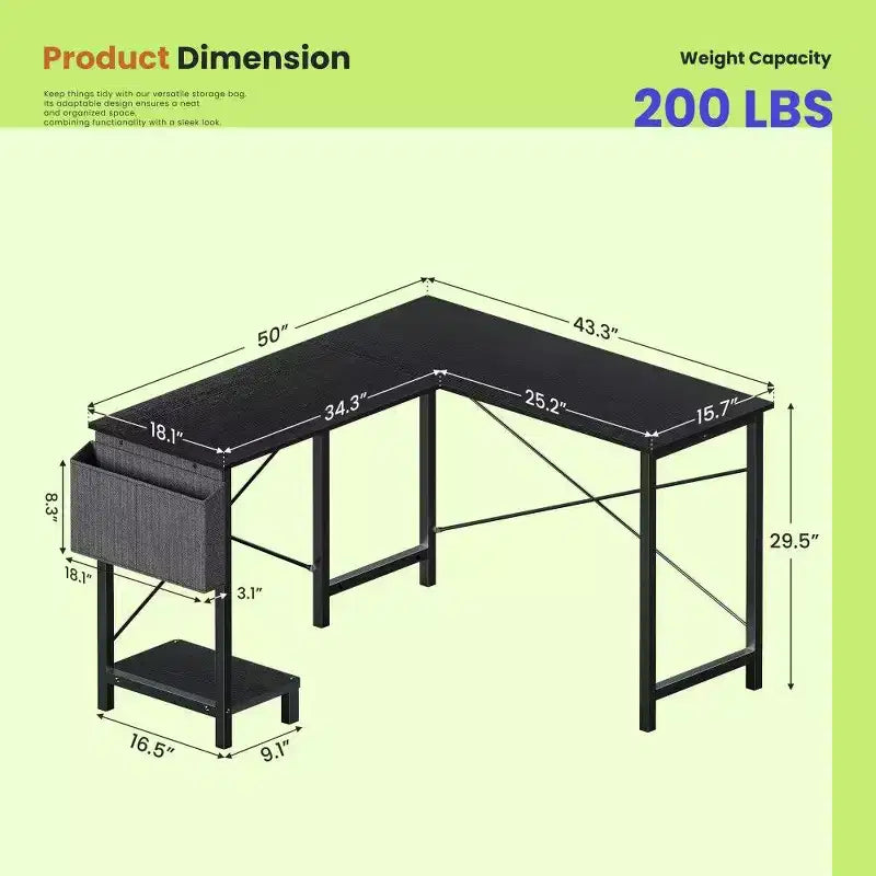 Bureau de jeu en L TUYOHW, bureau d'angle avec cadre métallique, support CPU et rangement latéral, plateau étanche pour bureau à domicile