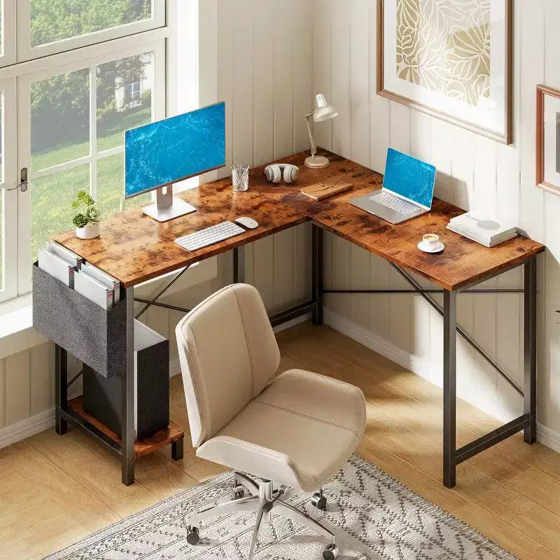 Bureau de jeu en L TUYOHW, bureau d'angle avec cadre métallique, support CPU et rangement latéral, plateau étanche pour bureau à domicile