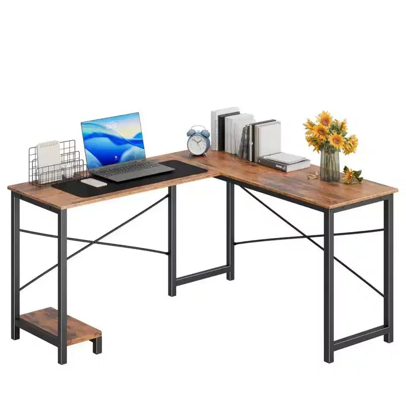 Bureau de jeu en L TUYOHW, bureau d'angle avec cadre métallique, support CPU et rangement latéral, plateau étanche pour bureau à domicile