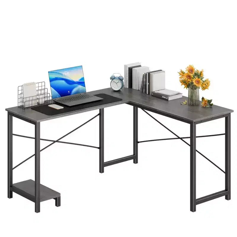 Bureau de jeu en L TUYOHW, bureau d'angle avec cadre métallique, support CPU et rangement latéral, plateau étanche pour bureau à domicile