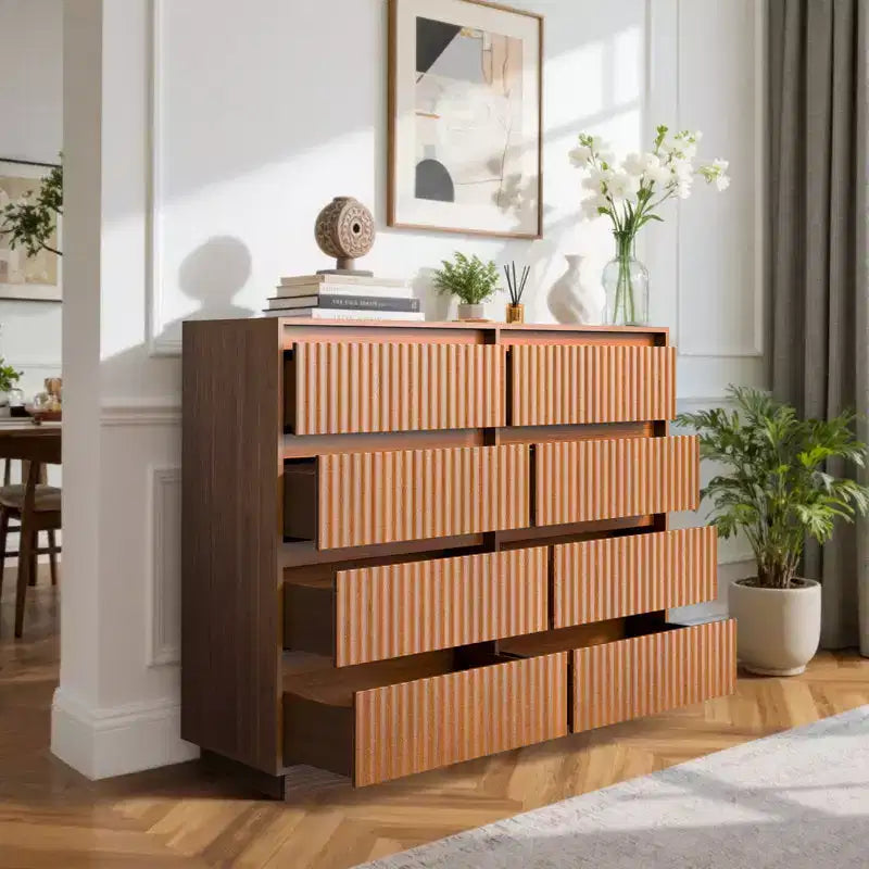 KOLIGEY Commode 8 tiroirs 132 cm de large avec panneau cannelé ondulé