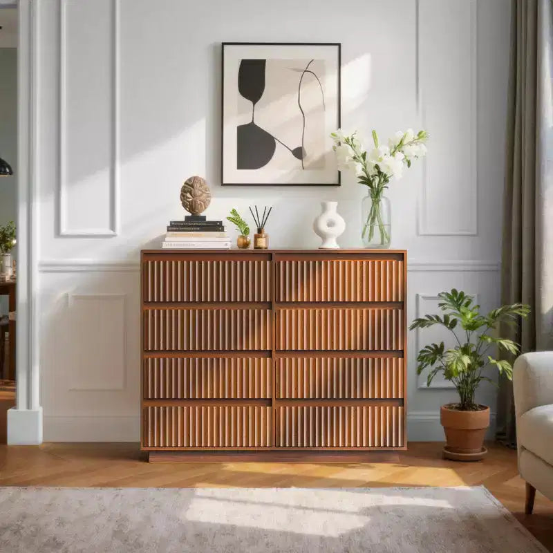 KOLIGEY Commode 8 tiroirs 132 cm de large avec panneau cannelé ondulé
