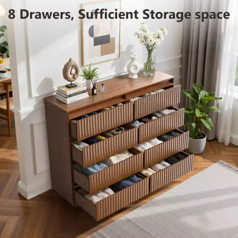 KOLIGEY Commode 8 tiroirs 132 cm de large avec panneau cannelé ondulé